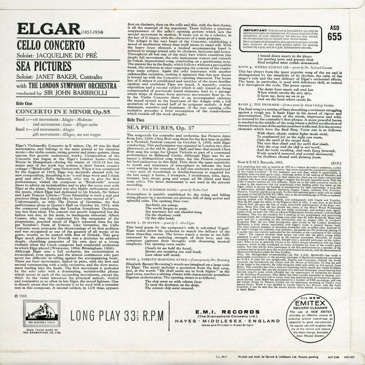 ELGAR – CELLO CONCERTO, SEA PICTURE by Sir John Barbirolli, London Symphony Orchestra