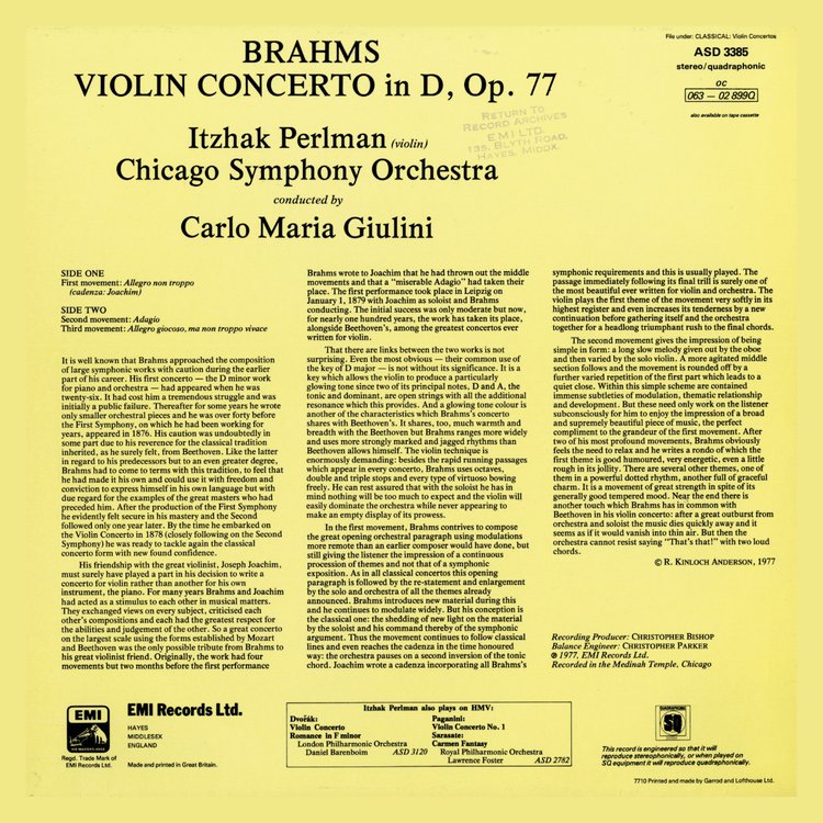 BRAHMS VIOLIN CONCERTO by Itzhak Perlman, Carlo Maria Giulini, Chicago Symphony Orchestra