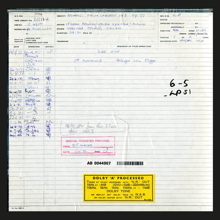 BRAHMS VIOLIN CONCERTO by Itzhak Perlman, Carlo Maria Giulini, Chicago Symphony Orchestra