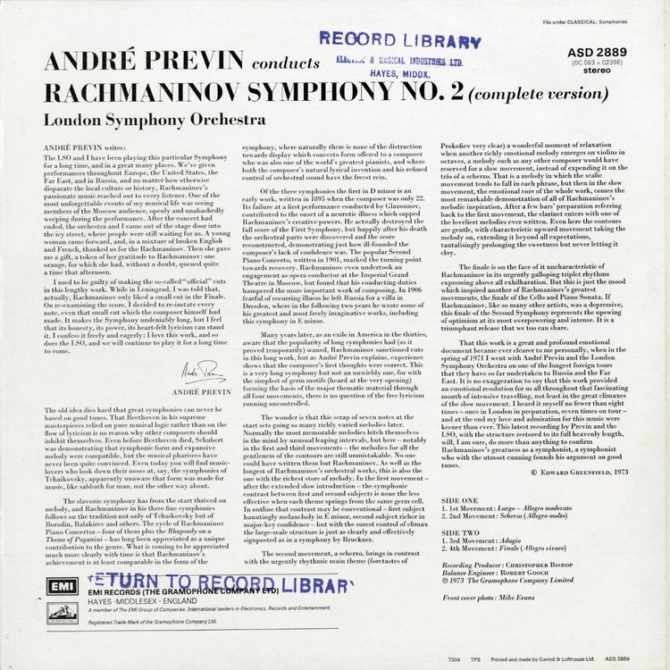 RACHMANINOV 2ND SYMPHONY by André Previn conducts The London Symphony Orchestra